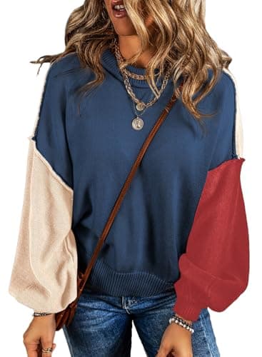 Dokotoo Sweaters for Women Crewneck Colorblock Long Sleeve Knit Ribbed Sweater Casual Loose Work Jumper Tops Fall Outfits for Women 2026 Navy Blue Large - Image 1