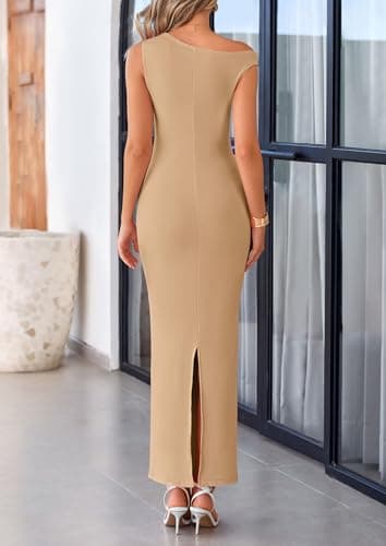 PRETTYGARDEN Women's 2026 Summer Formal Maxi Dresses Sleeveless One Shoulder Bodycon Ruched Mesh Wedding Guest Cocktail Dress (Khaki,Large) - Thumbnail 2