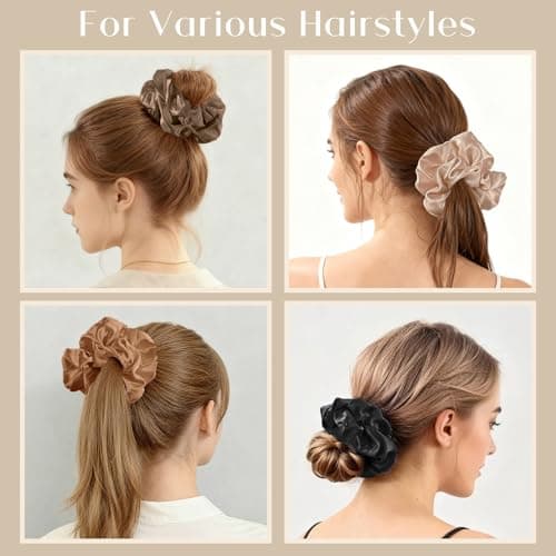 Lolalet Big Satin Scrunchies for Women, 5.9 Inch Large Oversized Scrunchie, Soft Jumbo/Giant Scrunchies Hair Ties for Thick & Curly Hair -4 Pack, Almond/Khaki/Black/Brown - Thumbnail 3
