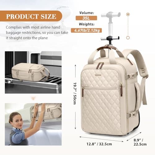 GOLF QUALITY Rolling Backpack for Women,Travel Laptop Backpack with Wheels Roller Wheeled Backpack Underseat Carry On Luggage for Travel Business Trip,Fit 17Inch,Apricot - Thumbnail 2