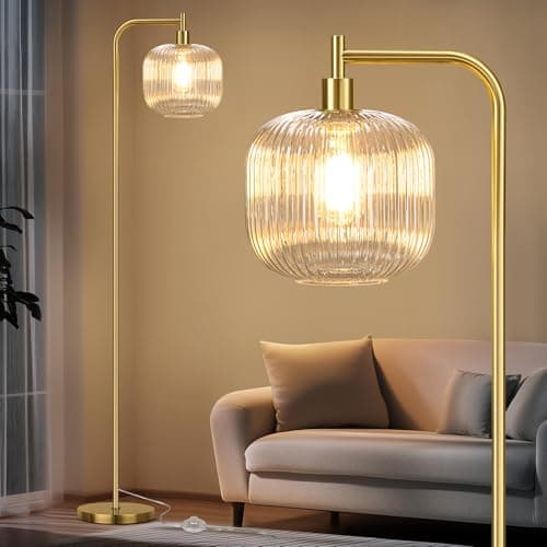 QiMH Glass Floor Lamp for Living Room, Modern Standing Lamp with Ribbed Clear Glass Lampshade Pedal Switch, 67” Tall Lamp for Bedroom Study Room, Brushed Gold (2700K LED Bulb Included) - Image 1