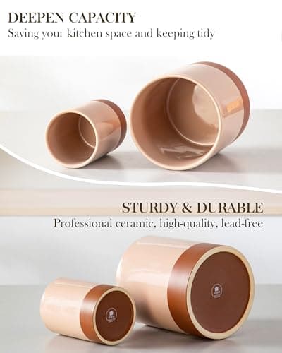 MALACASA Utensil Holder, 7.3"+5.5" Ceramic Kitchen Utensil Holder for Countertop, Large Cooking Utensil Crocks for Kitchen Counter, Farmhouse Utensils Organizer, Set of 2, Khaki Pink, Series TARA - Thumbnail 6