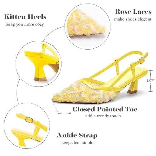 RUSAUISE Women's Close Toe Slingback Floral Kitten Heels Sandals Pointed Toe Mesh Low Heeled Buckle Strap Flowers Dressy Pump Shoes for Wedding Party Yellow Size 6 - Thumbnail 5