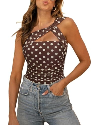 REORIA Womens Sexy One Shoulder Asymmetrical Tank Top Leopard Print Mesh Ruched Sleeveless Backless Trendy Going Out Thong Bodysuits Tops Brown Polka Dots Large - Image 1