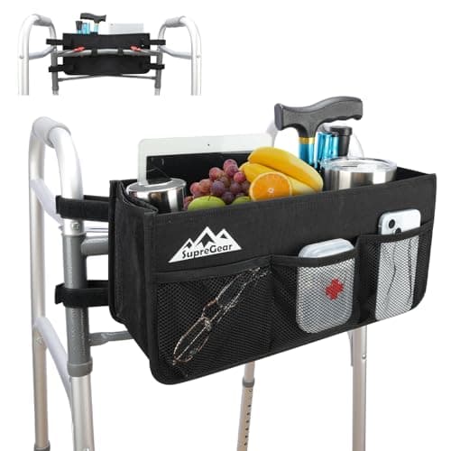 supregear Walker Basket, Foldable Walker Bag with Cup Holder, Storage Pouch with Large Capacity and Never Tipping Over, Hand-Free for Seniors Elderly, Not Fit for Rollator, Black