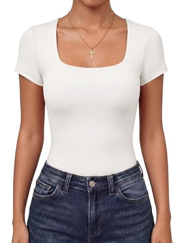 ANRABESS Women's Short Sleeve Tops Built in Bra,White,M