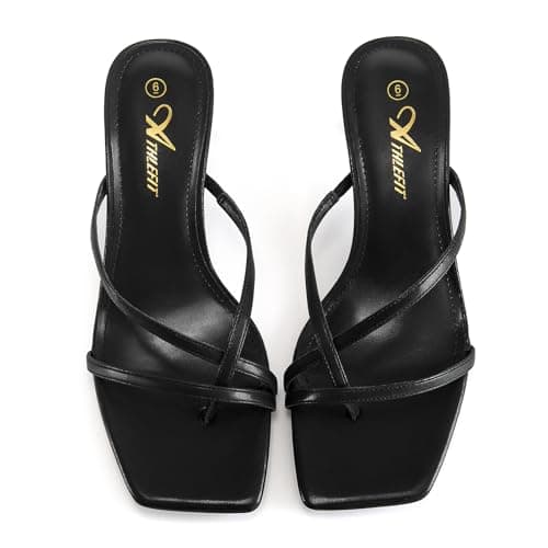 Athlefit Kitten Heels for Women Flip Flops Square Open Toe Strappy Low Heels Sexy Party Wedding Dress Thong Heeled Sandals Black Size 11 - Thumbnail 6