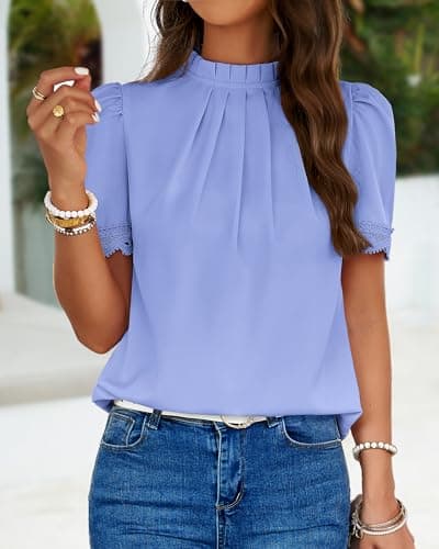 BTFBM Women Blouses Dressy Casual 2026 Summer Tops High Neck Lace Trim Short Sleeve Business Work Shirts Spring Clothes(Blue, X-Large) - Thumbnail 2