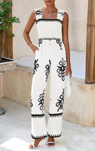 PRETTYGARDEN Womens Jumpsuit Casual One Piece Boho Summer Outfits Shirred Strap Wide Leg Long Pants Rompers With Pockets (White Black Flower, Small) - Thumbnail 2