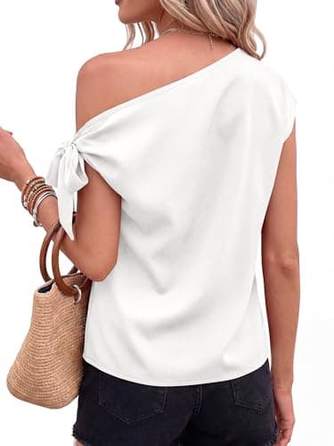 BTFBM 2026 Off The Shoulder Tops for Women Summer Shirts Short Sleeve Satin Blouses Silk Going Out Top Beach Vacation(White, Small) - Thumbnail 3