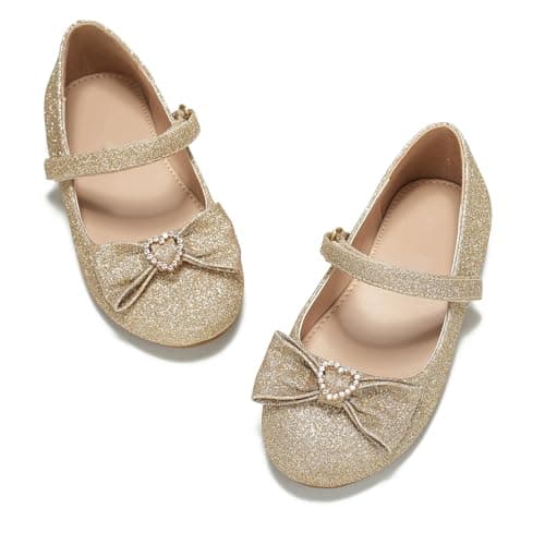BOGELOO Toddler Girls Flats Mary Jane Flower Girls Dress Shoes School Wedding Party Shoes(Gold,9) - Image 1