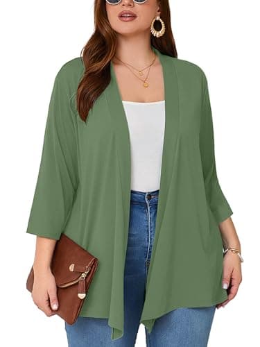 AusLook Women's Plus Size Lightweight Open Front Cardigan Army Green 1X Causal 3/4 Sleeve Cover Ups Shrugs Tops Shawls and Wraps Kimono Jacket Coat - Image 1