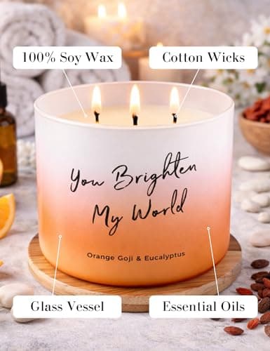 Orange Goji Eucalyptus 3-Wick Scented Soy Candle | 15.8 oz Large Aromatherapy Stress Relief Candle for Home | You Brighten My World Gift | Long Lasting Clean Burning - Thumbnail 5