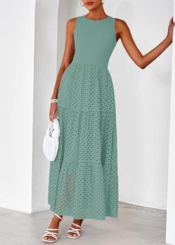 Lazysmile Womens Summer Dresses Crewneck Sleeveless A-Line Hollow Out Eyelet Tiered Tank Maxi Dress Sundress with Pockets - Thumbnail 6