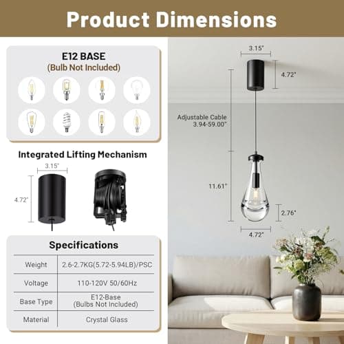 Built-in Integrated Lifting Mechanism Adjustable Raindrop Pendant Light, Adjustable 15"~70",Light Size 4.72" x 11.61",Modern, Crystal Glass, Living Room, Bedroom, Hallway, Kitchen Island... - Thumbnail 3