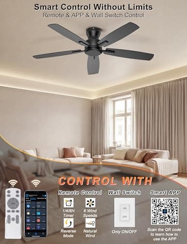 Ohniyou 52 Inch Ceiling Fan No Light, Low Profile Ceiling Fan with Remote and App Control, Flush Mount Ceiling Fan without Light for Bedroom Living Room Covered Patios, Quiet DC Motor, Black - Thumbnail 3