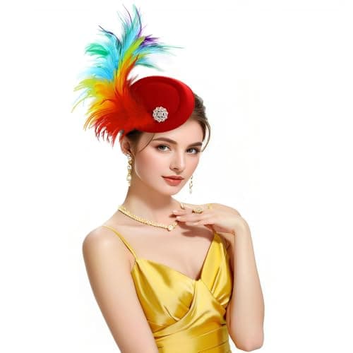 RiJinDuoJin Fascinators Hat Feathers Headband and Clip 20s 50s Pillbox Hats Cocktail Tea Party Headwear - Handmade Derby Hair Clip Feathers Fascinators for Girls and Women - Red Color - Image 1