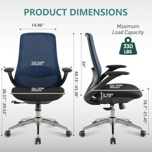 Ergonomic Mesh Office Chair, 330LBS Executive Desk Chair with Lumbar Support, 2D Armrests, Comfy Swivel Computer Task Chairs for Long Hours (Blue) - Thumbnail 2