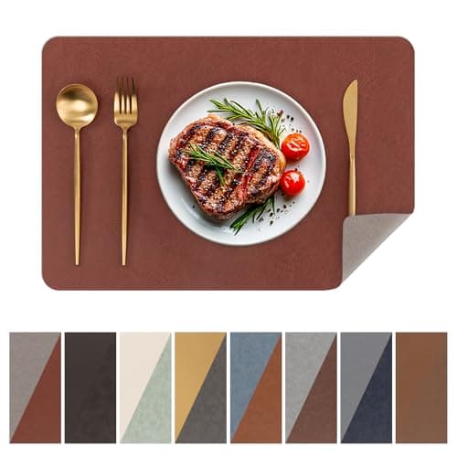 SHACOS Faux Cowhide Leather Placemats Set of 6, Wipeable Heat Resistant Table Mats, Stain Resistant Double Sided Reversible PU Place Mats for Dining Table Kitchen Restaurants, Chestnut and Gray Beige - Image 1