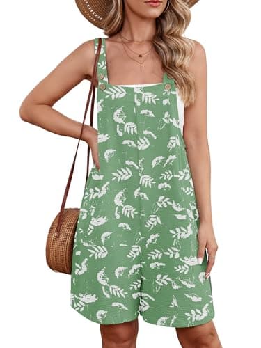 Heymoments Short Overalls Jumpsuits Rompers for Women White Flower Green Large Casual Maternity Summer Comfy Ladies Loose Fit Dressy Wide Leg One Piece Sleeveless Grils Bib Baggy Pants - Image 1