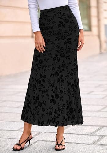 BTFBM Womens Floral Mesh Maxi Skirt 2026 Spring Summer Elastic High Waisted Boho Elegant Mermaid Long Skirts for Women(Black, X-Small) - Thumbnail 6