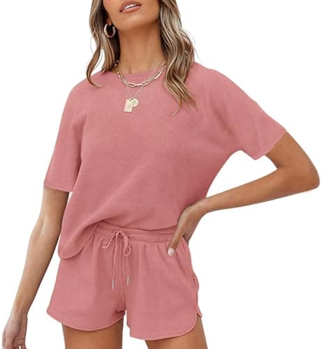 MEROKEETY Women's Short Sleeve Waffle Pajama Sets Lounge Top and Shorts 2 Piece Tracksuit Outfits, ShortPink, S - Image 1