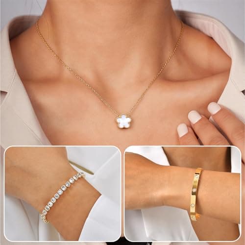 Gold Bracelets Necklace Jewelry Set - 3Pcs 18K Gold Plated Floral Bracelet,Waterproof Stainless Steel Bangles, Non-Tarnish Necklaces Daily Minimalist Trendy Jewelry,Valentines Birthday Gift for Women - Thumbnail 4