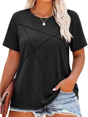Fisoew Womens Plus Size Short Sleeve T Shirts Summer Casual Loose Fit Tees Crew Neck Curvy Tunic Tops Black - Image 1
