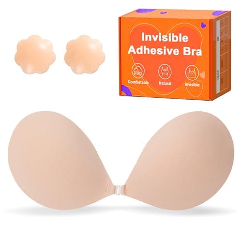 GKHWON Sticky Push Up Strapless Bras for Women,Ultra Adhesive Bra for Backless Dress,Invisible Silicon Bra with Nipple Covers (A Cup,Nude) - Image 1