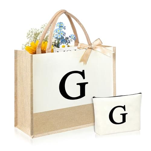 DCLOVERY Initial Canvas Tote Bag & Makeup Bag for Women Teacher Bridesmaids，Personalized Present for Wedding, Birthday, Beach (G, White and Flax) - Image 1