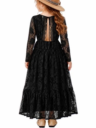 ALLOVIN Toddler & Girls Long Sleeve Lace Flower Girl Dress Maxi Boho A-Line Dress for Wedding Baptism 1st Communion | Black | 6-7Y