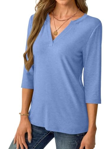 Womens Tops 3/4 Sleeve V Neck Spring Summer Work Tunic Shirts Business Dressy Casual Blouses A- Light Blue - Thumbnail 4