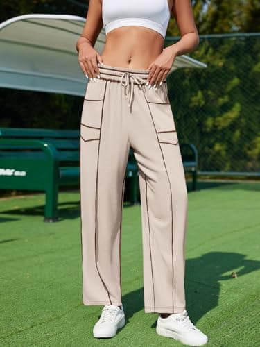 grewley Womens Linen Barrel Pants Baggy Wide Leg Pants Summer Palazzo Drawstring Waist Pants with Pockets Casual Apricot L - Thumbnail 2