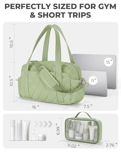 Percover Duffle Bag with Toiletry Organizer Pouch, Quilted Workout Duffle with Compartments for Daily Fitness & Yoga, Locker-Friendly Soft Carry, Mint Green - Thumbnail 6