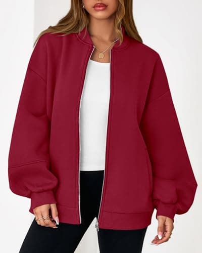KIRUNDO Oversized Sweatshirt for Women Zip Up Bomber Jacket 2026 Fall Fashion Casual Long Sleeve Outerwear Winter Outfits(Red, Large) - Thumbnail 6