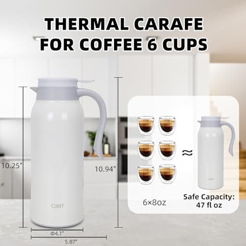 GiNT 51 Oz Stainless Steel Thermal Coffee Carafe, Double Walled Vacuum Insulated Flask, 12 Hour Heat Retention, 1.5 Liter Tea, Water, and Coffee Dispenser (Upgraded version White) - Thumbnail 3