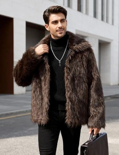 Eisctnd Men's Faux Fur Coat, Warm Fluffy Fuzzy Fleece Jacket with Lapel Collar for Winter Fashion Trench Outerwear(Coffee-S) - Thumbnail 2
