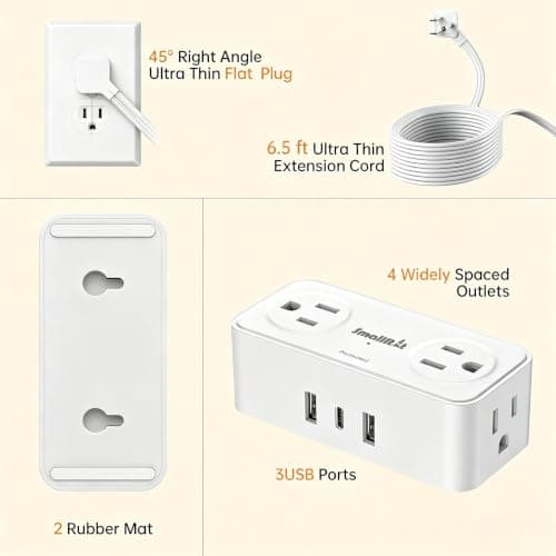 6.5Ft Power Strip with Surge Protector, 4 Outlets 3 USB Ports Extension Cord, Flat Plug Charging Station for Home Office Desk & College Dorm Essentials, White - Thumbnail 6