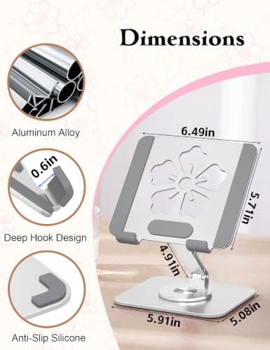 Axbima Rotating Tablet Stand for Desk, Aluminum Office Desk Accessories for Women Moms iPad Gifts Home Office Portable Monitor Stand for iPad, Compatible with iPad Pro, Air, Kindle, 4–12.9",Silver - Thumbnail 4