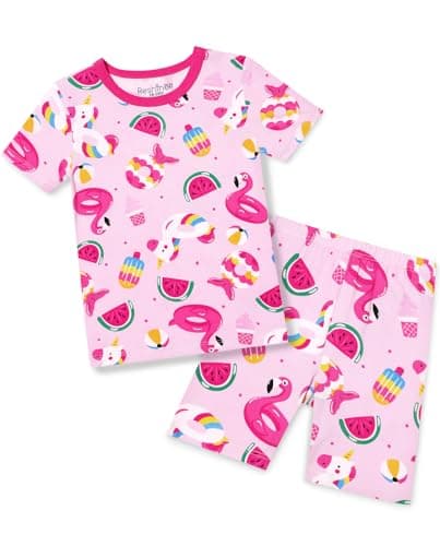babee Reshinee Bamboo Viscose Toddler Flamingo Girls Kids Pajamas Short Sleeve Summer Cool Snug fit Pjs 5-6Y 2pcs - Image 1