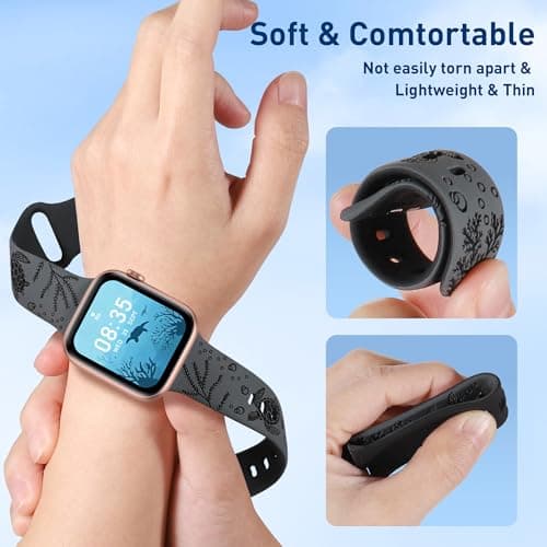 HMFCBFSS Engraved Cute Sea Turtle Band Compatible with Apple Watch Bands for Women Men 38mm 40mm 41mm 42mm, Stylish Two-Tone Floral Soft Silicone Sport Strap Fit iWatch Series 11 10 Se 9 8 7 6 5 4 3 2 1 (Coal ash/Black, 38mm/40mm/41mm/(42mm-Series 11 10) - Thumbnail 3