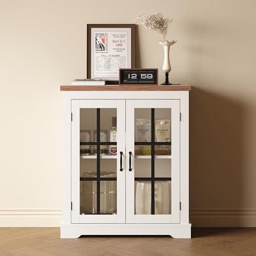 Buffet Cabinet with Storage, Sideboard Buffet with Glass Doors, Built-in Power Outlet, Elegant Walnut Top Plate, for Kitchen, Coffee Bar, Pantry, Living Room - Image 1