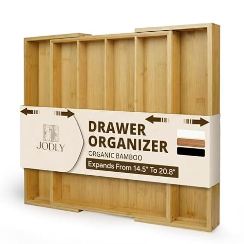 JODLY Bamboo Kitchen Utensil Drawer Organizer for Silverware | 100% Natural Expandable 14-20 Inch Kitchen Drawer Organizers for Utensils | Non-Slip Base | Screwed Joints for Long-Lasting Durability