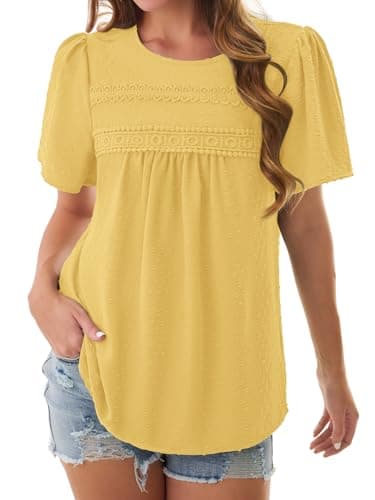 NORACORA Womens Summer Tops Crewneck Short Sleeve Shirts Casual Chiffon Boho Babydoll Blouses Flowy Lace Hem Boho Clothing Trendy 2026 Yellow L - Thumbnail 4