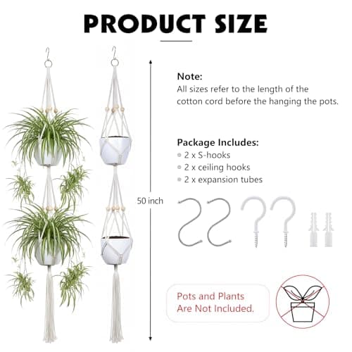 Dntorx Macrame Plant Hanger, 2 Pack 50 Inch Hanging Plant Holder Indoor Outdoor Hanging Planter Basket with Hooks for Living Rooms, Balcony, Hallway, Kitchen, or Office - Thumbnail 2