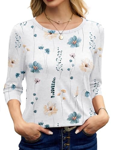 NORACORA Women's 3/4 Length Sleeve Crew Neck T-Shirt - Printed Casual Basic Tops - Thumbnail 5
