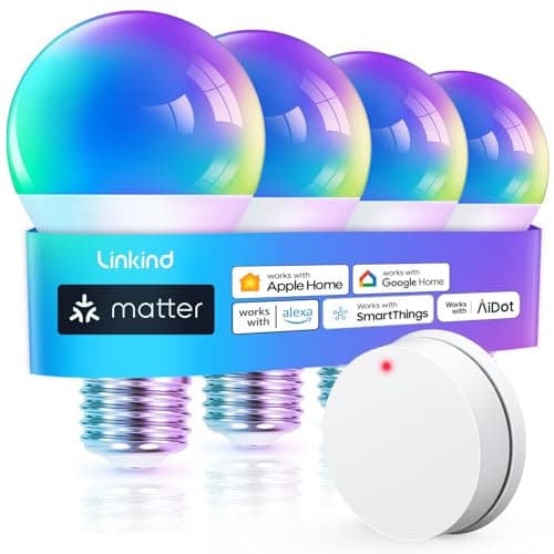 Linkind Matter Smart Light Bulb, WiFi Smart Bulbs with Remote, Smart Bulb Work with Apple Home, Alexa, Google Home, SmartThings, RGBTW Color Changing Bulbs Music Sync, 2.4Ghz A19 E26 60W 800LM 4 Pack - Image 1