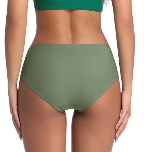 COCOPEAR Mid Rise Bathing Suit Bottoms for Women Ruched Tummy Control Swim Bottoms Full Coverage Bikini Bottoms for Women Army Green M - Thumbnail 4