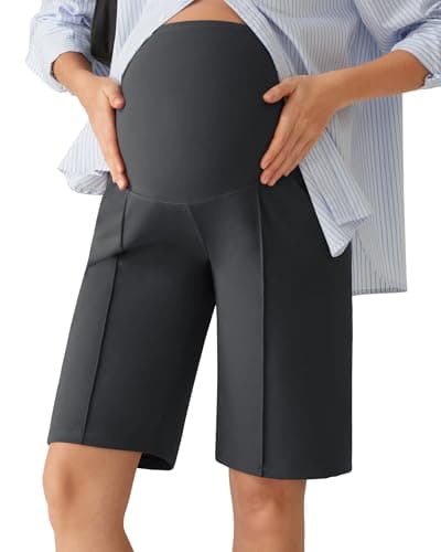 G4Free Pregancy Shorts for Women Bermuda with Side Pockets Wide Leg Over The Belly Maternity Long Shorts Loose Casual Work Soft(Dark Gray,XL,10'') - Image 1