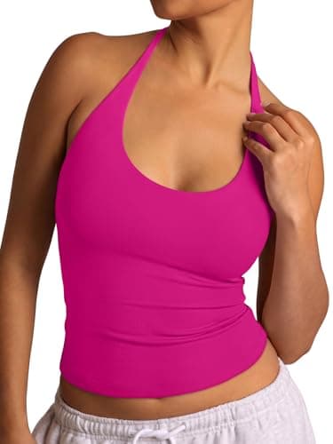 REORIA Women's Halter Tank Tops Basic Tie Scoop Neck Backless Double Lined Going Out Outfits Cute Summer Trendy Sleeveless Shirts Rose Red - Image 1